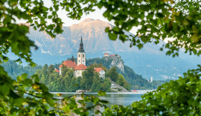 Panorama of the Bled Lake, island with a Church and Bled Castle in Slovenia