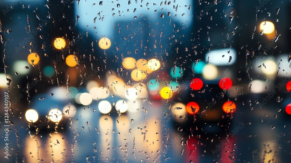 Aufkleber raindrops on a window with blurred city lights creating a moody and atmospheric urban scene at night