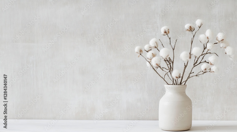 Poster minimalist arrangement of cotton branches in a white ceramic vase on a simple surface : generative a