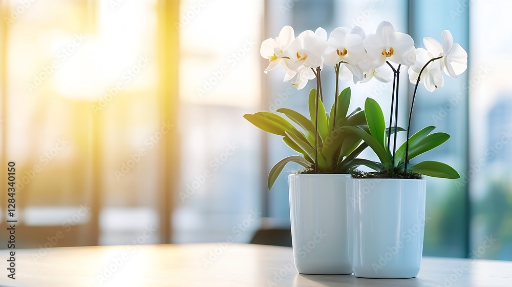 Poster elegant white orchids in modern pots captured beautifully in soft natural light by a window : genera