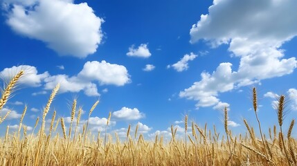 Golden wheat field beneath a stunning blue sky dotted with fluffy clouds creates a picturesque view : Generative AI