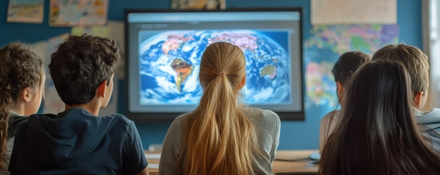 Young students watching educational video in classroom setting with interactive map