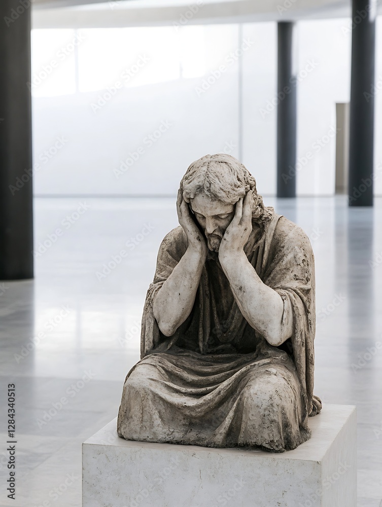 Aufkleber emotional sculpture of christ in contemplation and grief displayed in a minimalistic modern space : 