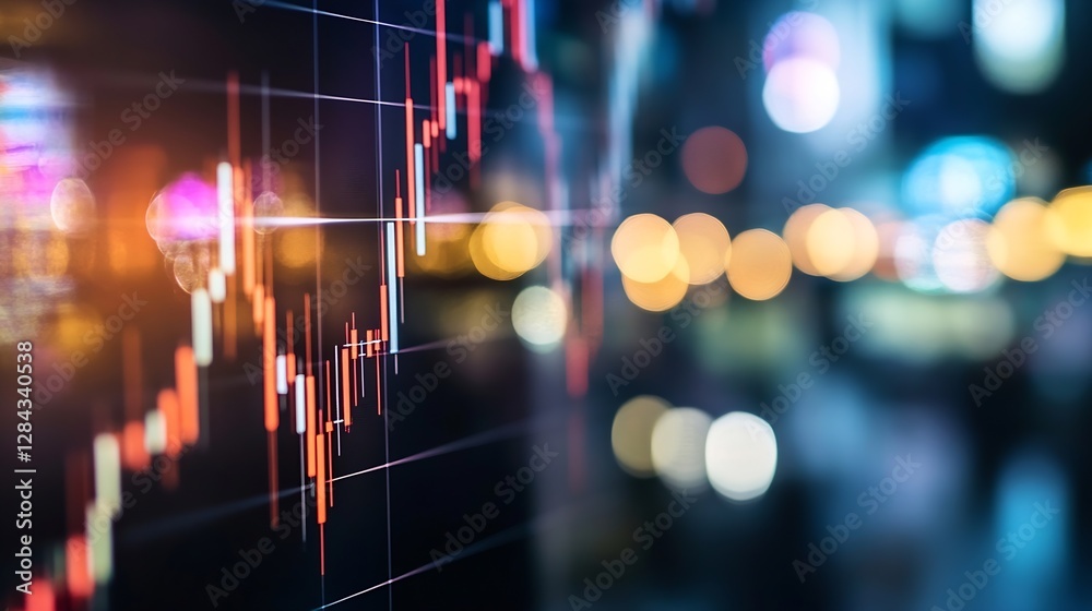 Poster dynamic financial market analysis showcasing stock prices with vibrant trading charts and colorful b