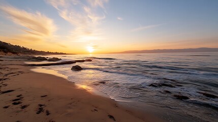 Obraz premium Stunning sunset view over calm ocean waves along a serene sandy beach : Generative AI