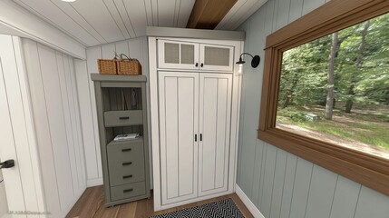 Interior of Cozy Room with White Wardrobe Gray Shelves and Large Window with Green Trees View
