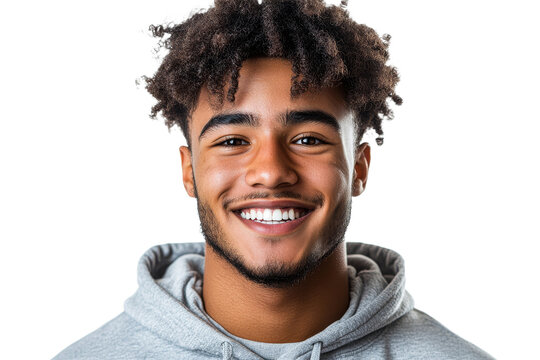 Young man with curly hair in gray hoodie - Powered by Adobe