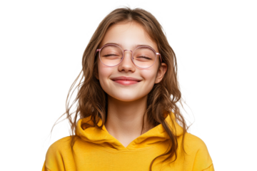 Girl in glasses smiles in yellow hoodie