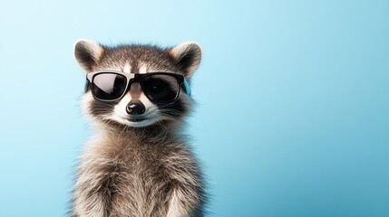 Fototapeta premium In a lighthearted moment, a raccoon dons fashionable sunglasses and poses against a bright blue background