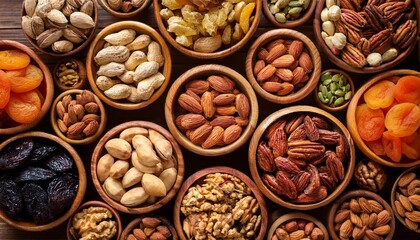 Assorted Nuts and Dried Fruits Background: Organic Food in Wooden Bowls – Top View