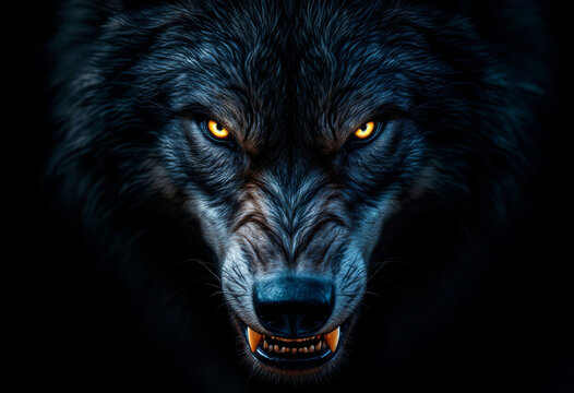 An angry wolf bares its teeth showing a threatening grimace