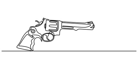 Continuous line art drawing of gun. One line drawing the gun, police gun vector illustration, Gun, weapon, handgun icon. pro Vector illustration, Pistol linear icon, white background minimal concept.