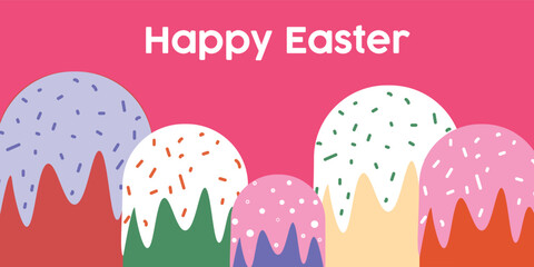 Colorful Easter Greeting Card With Decorated Cakes and Text on Pink Background