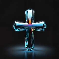 Crystal cross symbol in a glass finish on a dark background with light reflections