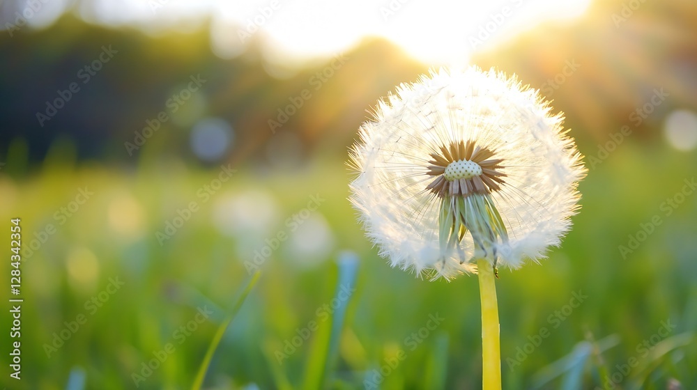 Poster closeup of a beautiful dandelion puff illuminated by sunlight creating a magical atmosphere in natur