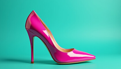 Obraz premium Glossy pink high heel shoe on a bright turquoise background, themed for Women's Day with copy space