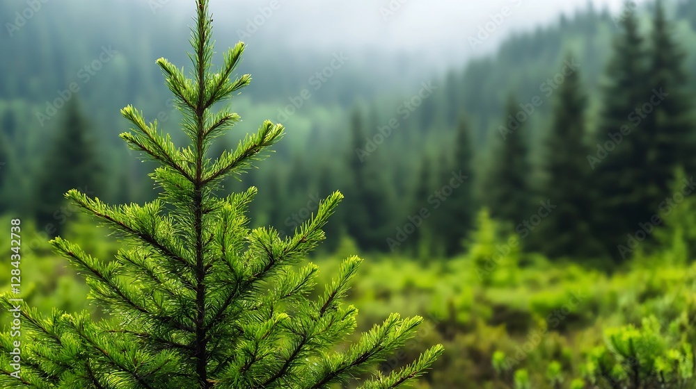 Poster A serene landscape featuring lush green trees surrounded by a misty forest creating a tranquil scene : Generative AI