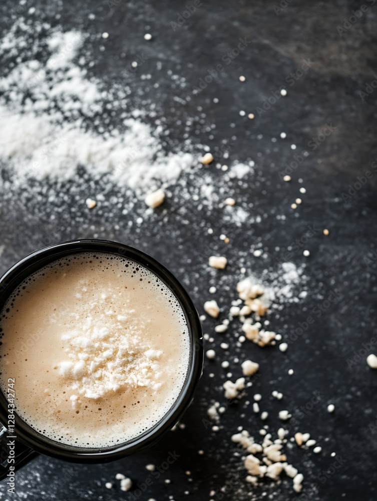 Poster closeup of a black mug filled with frothy coffee and scattered powdered sugar on a dark surface : ge