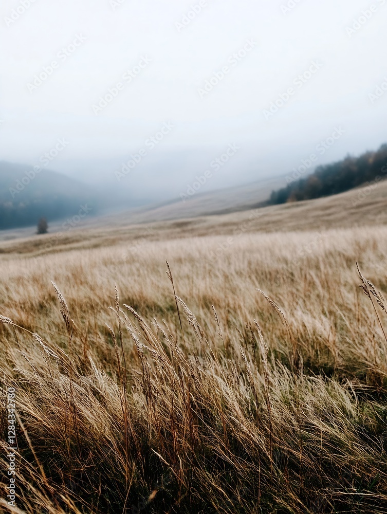 Poster Serene landscape view with tall grass in a foggy field on a calm overcast day : Generative AI