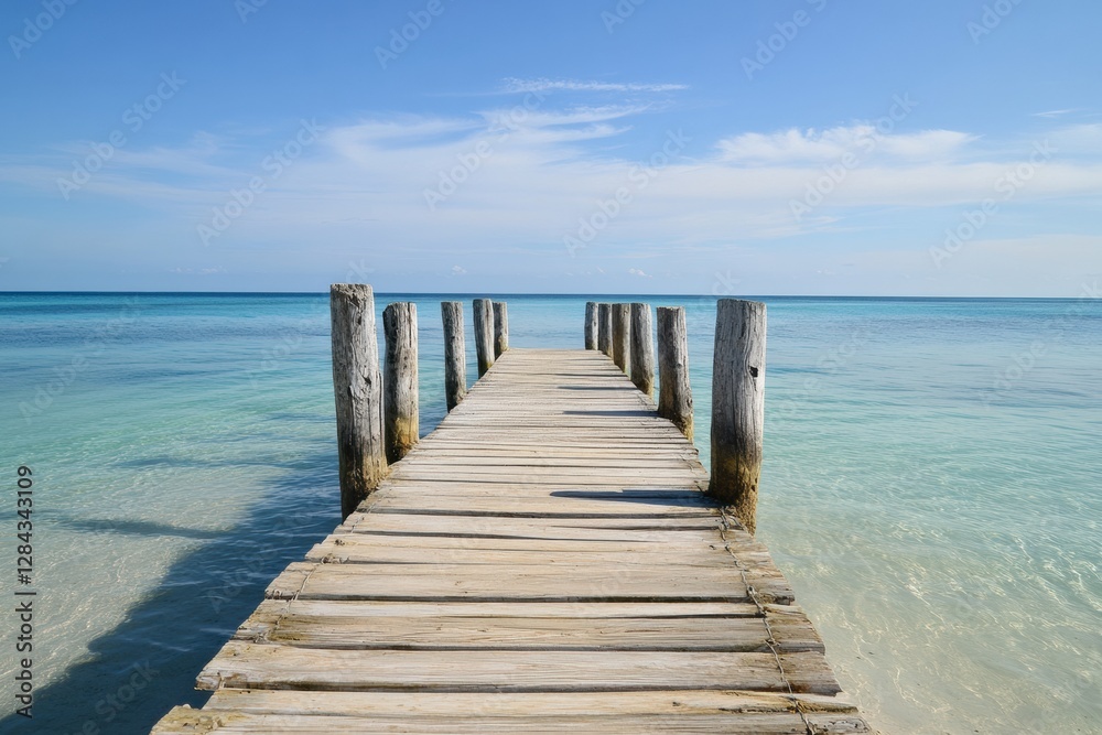 Poster wooden pier extending into calm turquoise waters under a clear blue sky in a tropical location durin