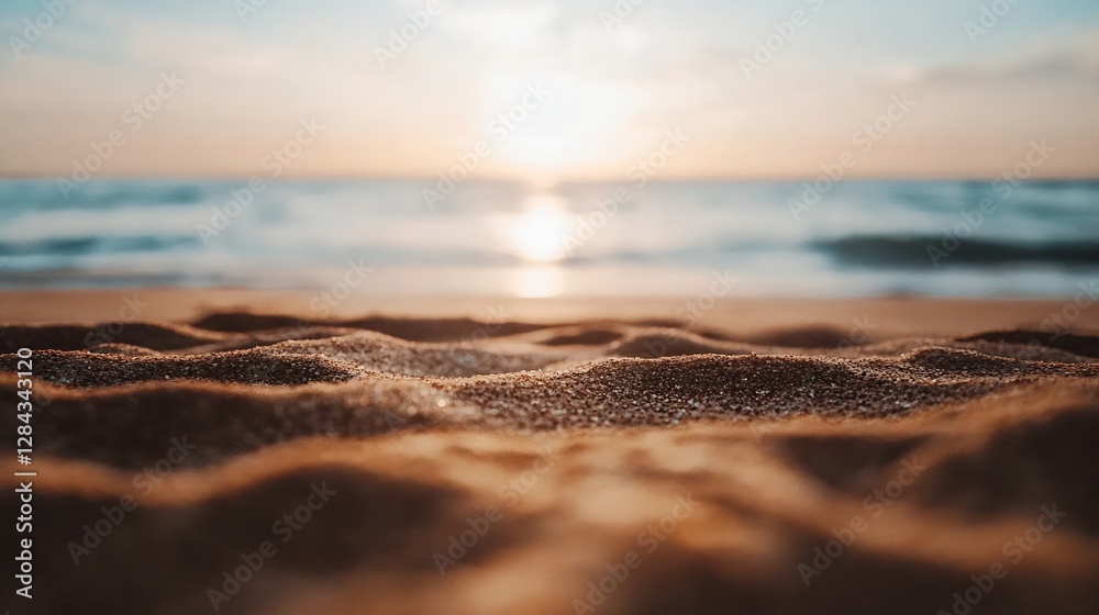 Aufkleber Fine Sand On the Beach with Soft Sunlight Shining Down and Glimmering Over the Water in the Background : Generative AI