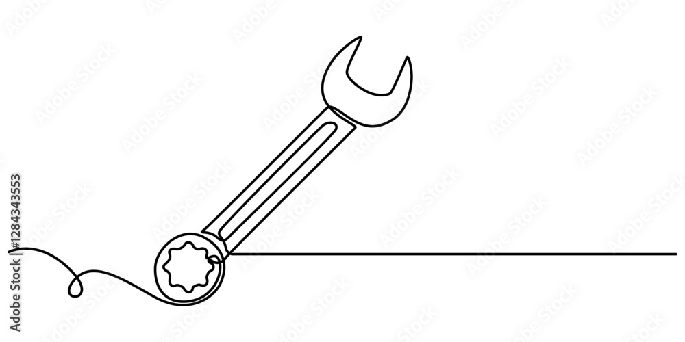 Aufkleber One mechanical wrench for nuts drawn in one continuous line black color isolated on white background. Style of self drawing, Adjustable wrench continuous single line drawing vector illustration, pro. 