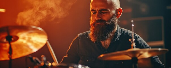 Fototapeta premium Bald drummer with beard playing in smoky atmosphere at live music performance