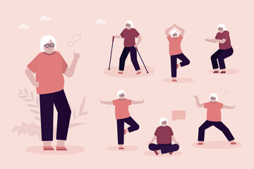 Aged female character practicing yoga, meditation and stretching. Set of multi ethnic elderly women active healthy lifestyle. Sports activities, retirement concept.