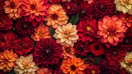 A Symphony of Dahlias: A vibrant and abundant tapestry of dahlias in various shades of red, orange, and yellow blooms, creating a rich and captivating floral display.