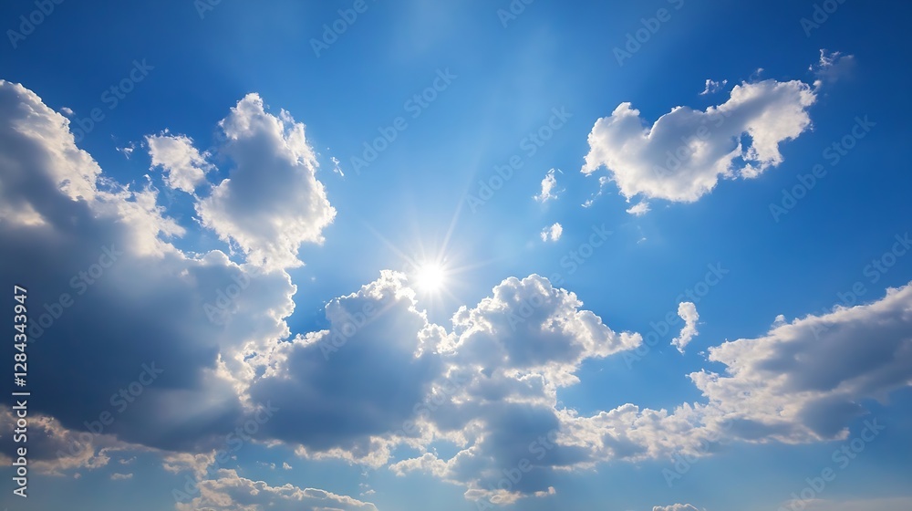 Poster bright sunny sky filled with soft clouds and sunlight illuminating the beautiful blue background : g