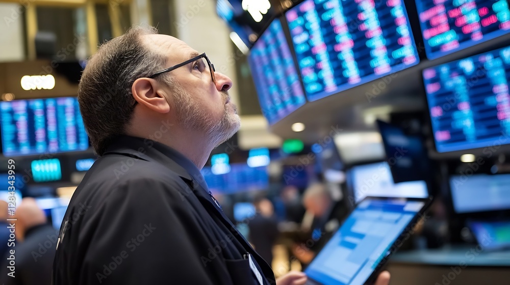Poster stock market professional analyzing data trends on digital screens in trading room : generative ai