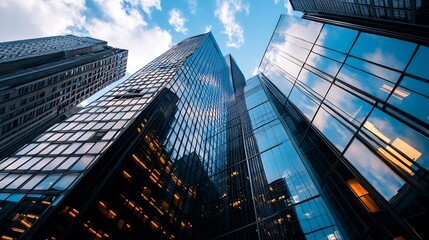 Fototapeta premium Modern skyscrapers reflecting sky in a bustling city showcasing urban architecture and design : Generative AI