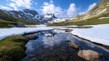 Fototapeta premium SnowCapped Mountains Reflected in a Serene Mountain Lake : Generative AI