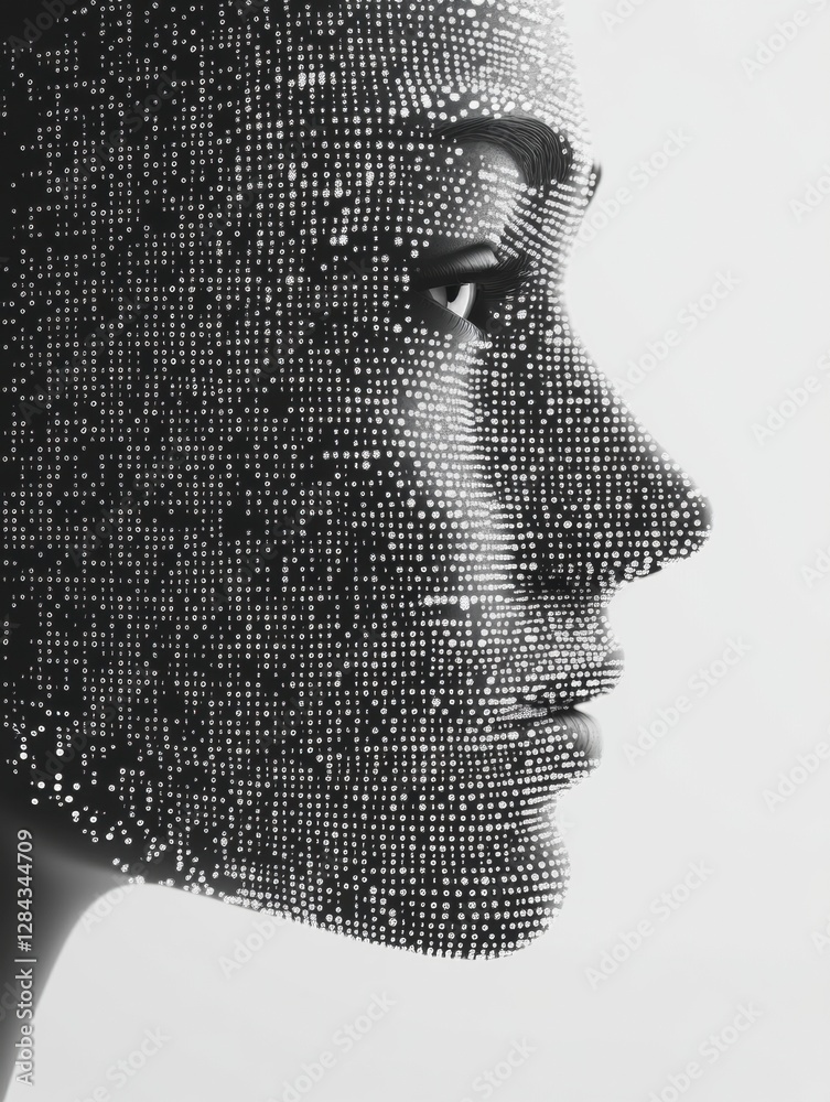 Aufkleber Human face outline transforming into a stream of binary code in futuristic AI concept. Generative AI