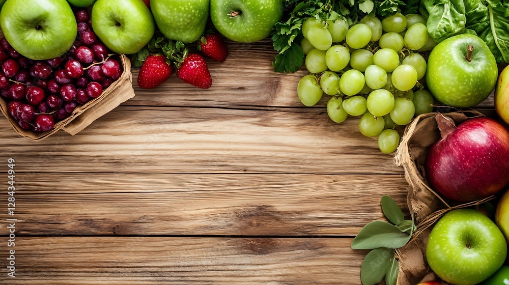 Poster fresh and vibrant assortment of colorful fruits arranged beautifully on rustic wooden table : genera