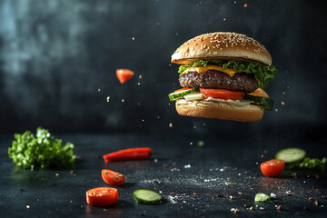 Flying burger with falling layers of meat, cheese, lettuce and fresh vegetables