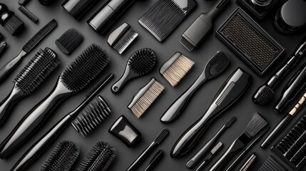 Fototapeta premium Black Hairdressing Tools Arranged on Dark Background