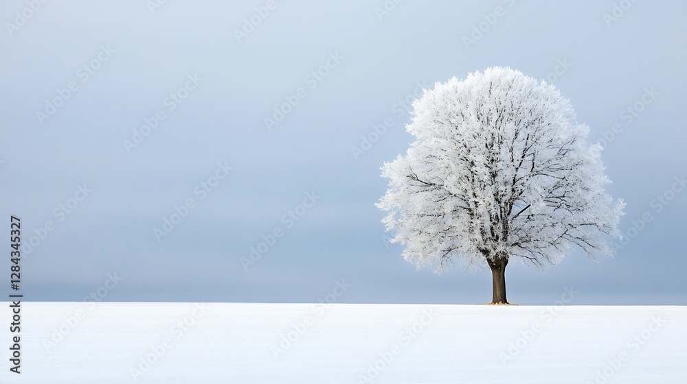 Poster Lonely winter tree covered in frost standing in a serene field against a cloudy sky : Generative AI