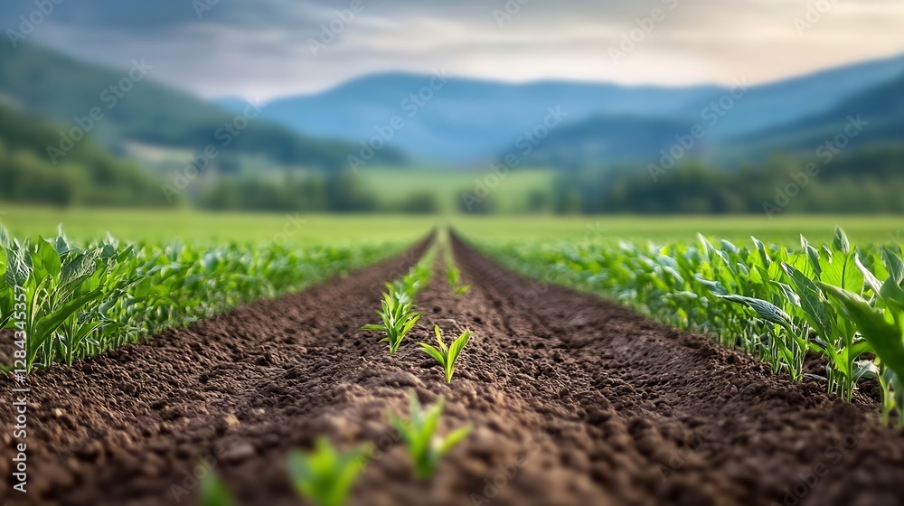 Poster row of freshly planted crops in rich soil stretching towards distant mountains under an overcast sky