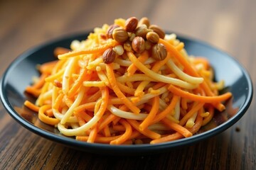 Pile of shredded cabbage and carrots topped with toasted chopped nuts, carrots, shredded, decoration