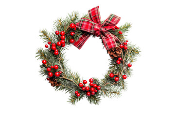 Festive wreath with red berries pinecones