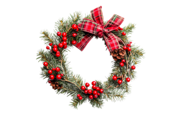 Festive wreath with red berries pinecones