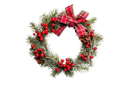 Festive wreath with red berries pinecones