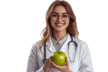 Smiling healthcare professional with green apple