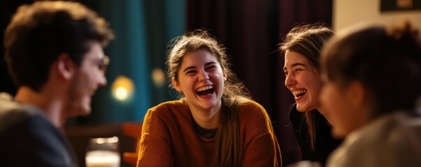 Young caucasian adults laughing together in warm indoor setting