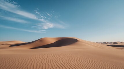 Vast and serene desert landscape with golden sand dunes under a bright blue sky : Generative AI