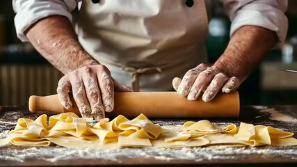 Hands rolling fresh pasta dough on a wooden surface with flour, showcasing a culinary process