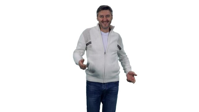 Portrait of smiling adult man in casual wear walking dancing, Full HD footage with alpha transparency channel isolated on white background 
