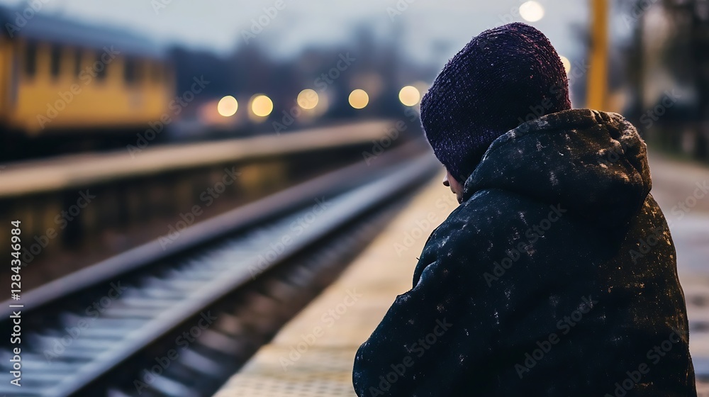 Aufkleber solitary figure waiting at a train station platform with evening lights creating a soft atmosphere :