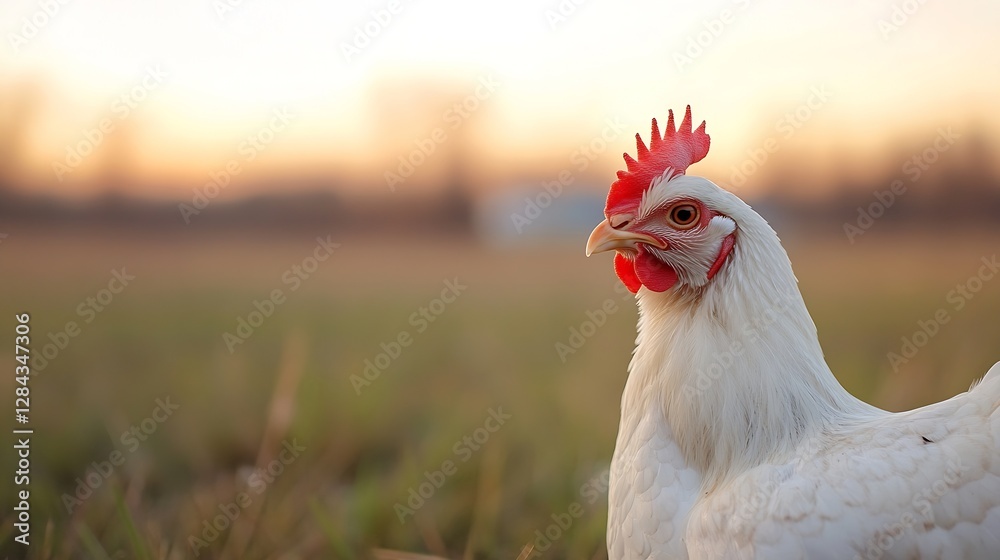 Poster closeup of a proud white chicken with striking feathers and red comb in warm sunlight : generative a